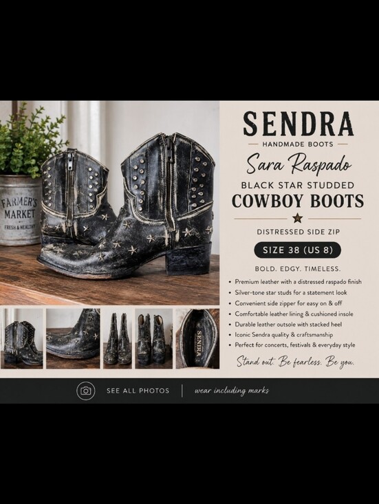 Sendra Shoes - SENDRA Sara Raspado Black Star Studded Cowboy Boots  Distressed Side Zip 38 8